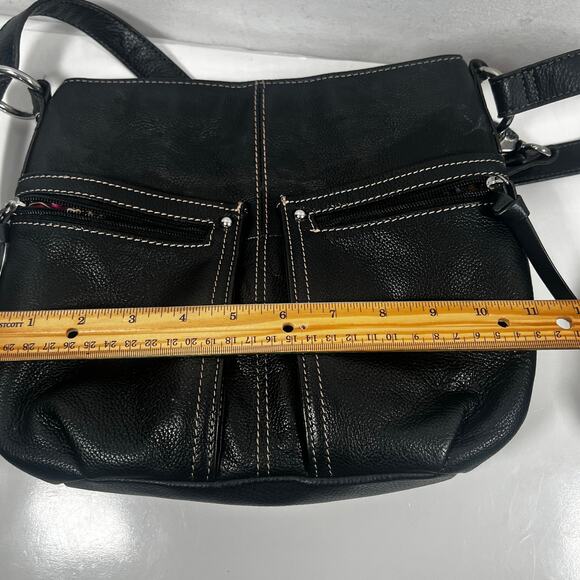 Black Pebbled Genuine Leather Crossbody Bag Many Zippered Pockets Floral Lining - Picture 9 of 16